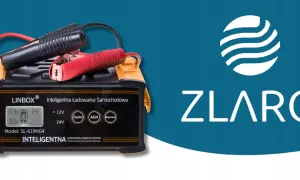 Inteligentna ładowarka samochodowa LINBOX z klemami, wyświetlaczem i logo ZLARO.
