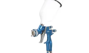 Niebieski pistolet lakierniczy z białym zbiornikiem na farbę, model P3000 Astral.