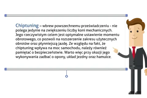 Ilustracja mężczyzny w garniturze wskazującego na tablicę z tekstem o chiptuningu.