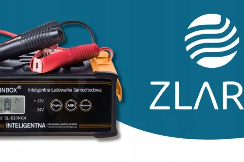 Inteligentna ładowarka samochodowa LINBOX z klemami, wyświetlaczem i logo ZLARO.