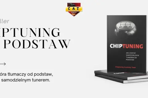 Okładka książki "Chiptuning od podstaw" z dźwignią zmiany biegów i logo akademii.