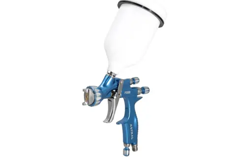 Niebieski pistolet lakierniczy z białym zbiornikiem na farbę, model P3000 Astral.