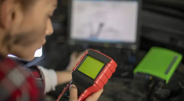 Mechanik z urządzeniem diagnostycznym i laptopem w tle.