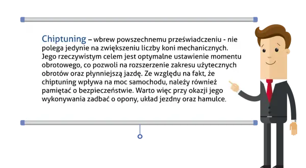 Ilustracja mężczyzny w garniturze wskazującego na tablicę z tekstem o chiptuningu.