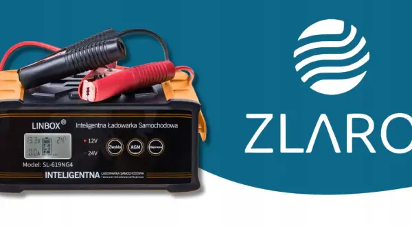 Inteligentna ładowarka samochodowa LINBOX z klemami, wyświetlaczem i logo ZLARO.