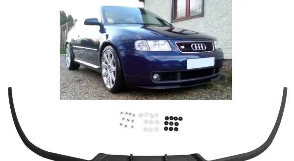 Granatowe Audi A3 8L z zamontowanym czarnym spoilerem przednim i akcesoriami montażowymi.