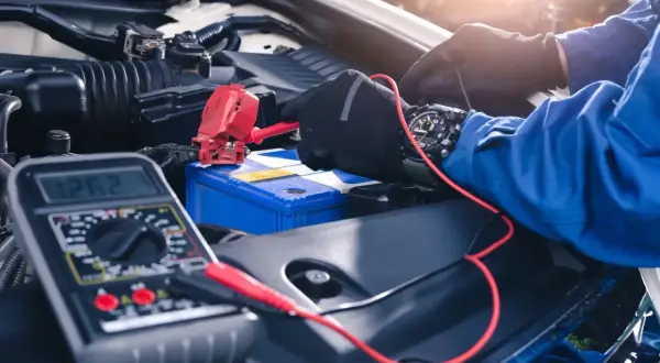 Mechanik w rękawiczkach podłącza prostownik do akumulatora samochodowego, obok leży multimetr.