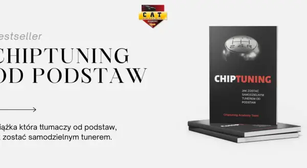 Okładka książki "Chiptuning od podstaw" z dźwignią zmiany biegów i logo akademii.