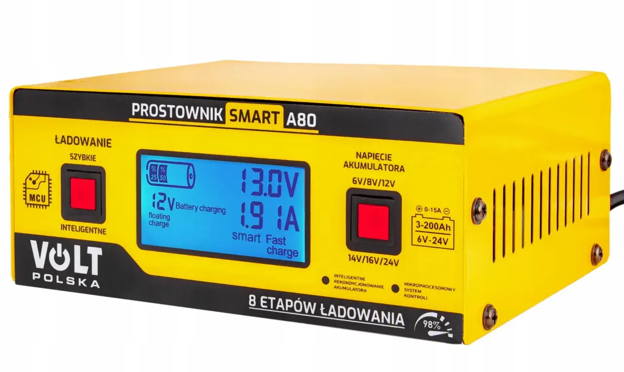 Żółty prostownik samochodowy Volt Polska SMART A80 z wyświetlaczem pokazującym 13.0V i 1.9A.