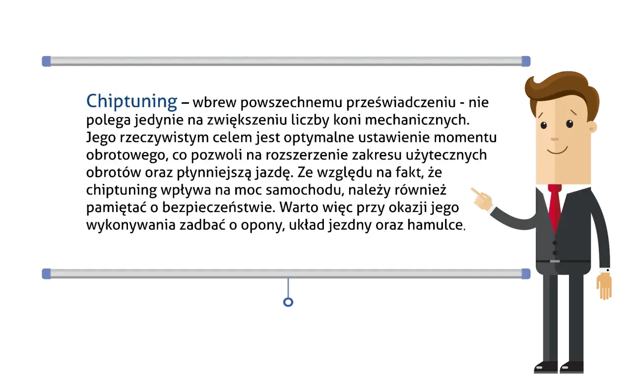 Ilustracja mężczyzny w garniturze wskazującego na tablicę z tekstem o chiptuningu.