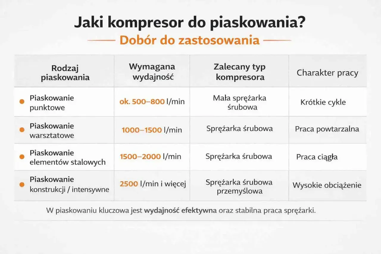 Tabela porównująca rodzaje piaskowania, wymaganą wydajność, typ sprężarki i charakter pracy.