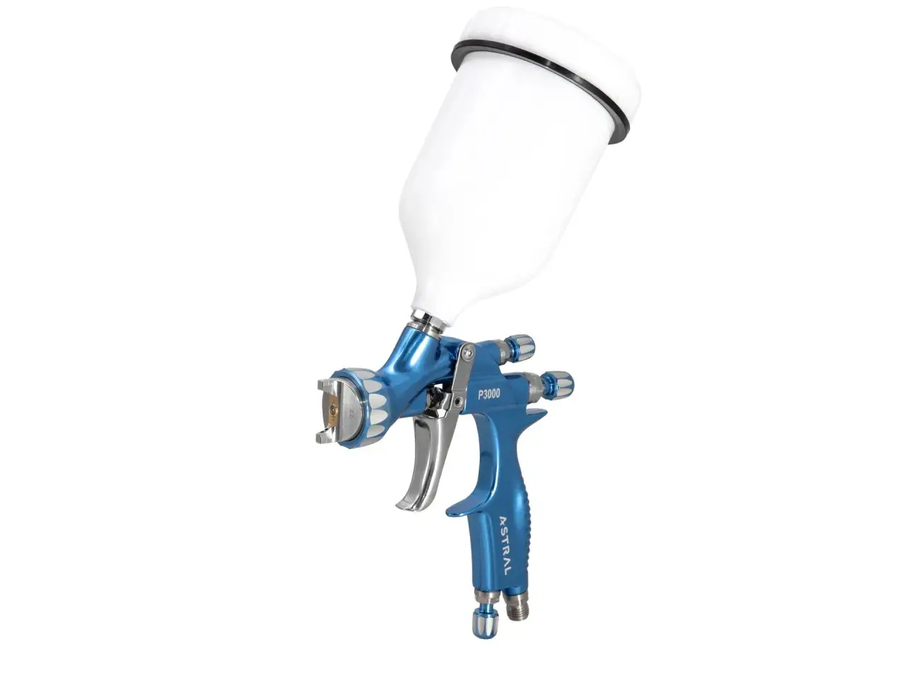 Niebieski pistolet lakierniczy z białym zbiornikiem na farbę, model P3000 Astral.
