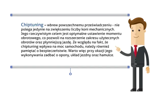 Ilustracja mężczyzny w garniturze wskazującego na tablicę z tekstem o chiptuningu.