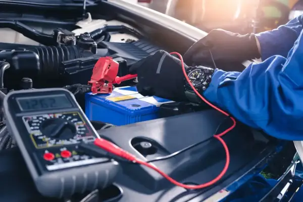 Mechanik w rękawiczkach podłącza prostownik do akumulatora samochodowego, obok leży multimetr.